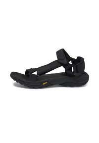 Černé turistické sandály s nastavitelnými popruhy, s texturovanou podrážkou a logem Vibram. Mají pevný design pro pohodlí a trvanlivost.