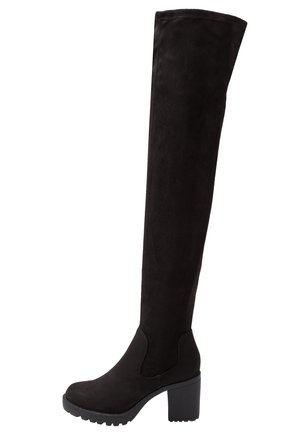Over-the-knee black suede boots with a chunky black heel. Features a round toe and side elastic panel for easy wear. Textured finish.
