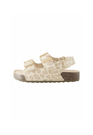 Beige Sandalen mit Leopardenmuster, zwei verstellbaren Schnallen, Korkfußbett und strukturiertem Fersenriemen für Halt. Gummiaußensohle für besseren Grip.