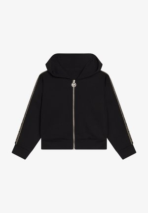 Sweat à capuche zip noir en mélange de coton, avec capuche, fermeture éclair argentée et bande décorative dorée le long des manches.