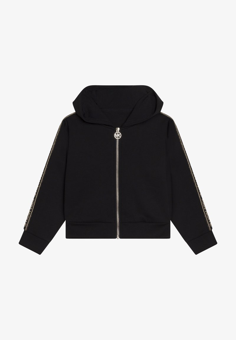 Sweat à capuche zip noir en mélange de coton, avec capuche, fermeture éclair argentée et bande décorative dorée le long des manches.
