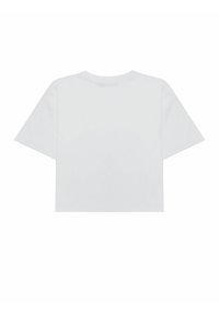 Biała krótka koszulka z bawełny, z klasycznym okrągłym dekoltem, krótkimi rękawami i gładką teksturą bez widocznych wzorów czy akcentów.