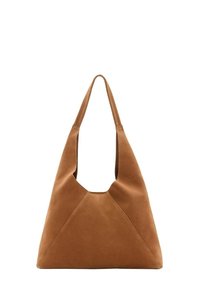 Brown suede hobo bag with a slouchy shape, featuring a curved top handle and triangular panel details on the front and back.