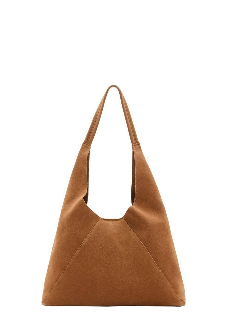 Brown suede hobo bag with a slouchy shape, featuring a curved top handle and triangular panel details on the front and back.