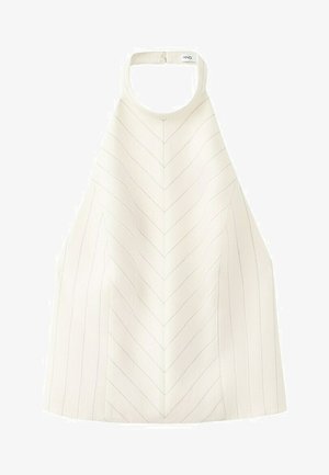 Top blanco sin mangas de estilo halter con rayas verticales finas y en forma de chevron, con cuello alto y cierre de botón a presión en la parte trasera.