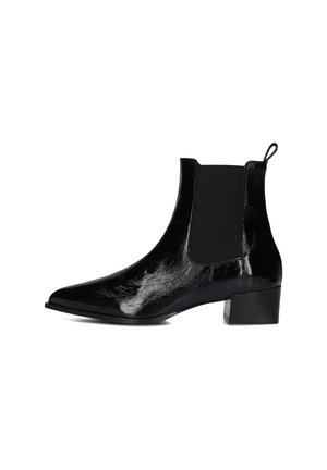 Black patent leather ankle boot with a pointed toe, elastic side panels, and a small block heel. Smooth texture with a shiny finish.