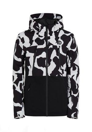 Černo-bílá vzorovaná zimní bunda s předním zipem, kapucí, dvěma vertikálními zipovými kapsami na hrudi a dvěma spodními bočními kapsami.
