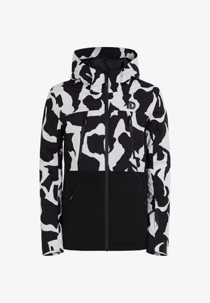 Černo-bílá vzorovaná zimní bunda s předním zipem, kapucí, dvěma vertikálními zipovými kapsami na hrudi a dvěma spodními bočními kapsami.