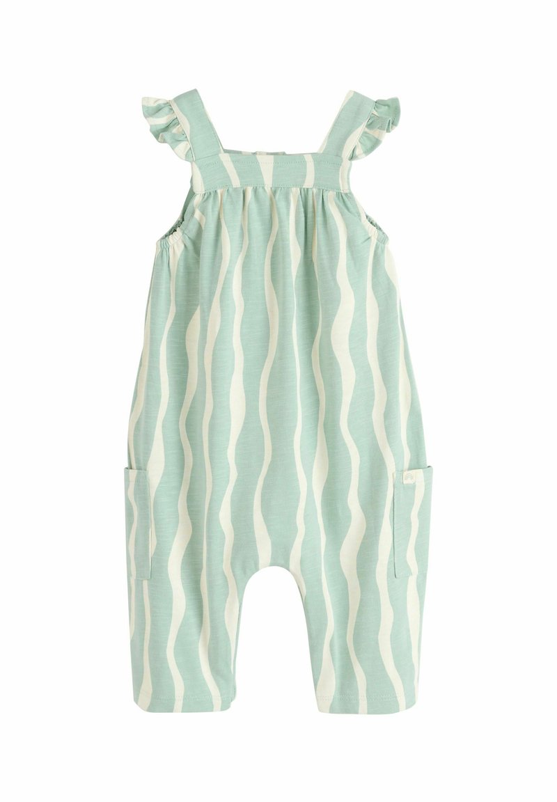 Hellgrüner Overall mit weißen Wellenmustern, Rüschen-Trägern, elastischem Taillenbund und Seitentaschen. Weicher Stoff, lässiges Design, knielang.
