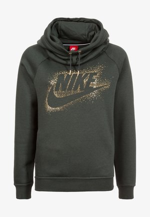 Sweat à capuche Nike vert foncé avec un grand logo Nike en paillettes dorées et une capuche à cordon avec embouts dorés.