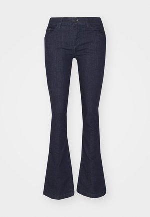 Dark blue flared jeans made of denim, featuring a mid-rise waist, five pockets, and a front button closure with a zip fly.