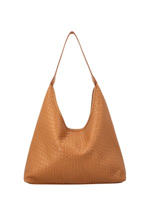 Skórzana torba na ramię w kolorze jasnobrązowym z plecioną fakturą i pojedynczym szerokim paskiem, miękkim, luźnym kształtem oraz zakrzywionym górnym otwarciem.