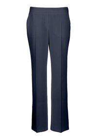 Marineblauwe rechte broek met een plooi aan de voorkant en een platte tailleband.