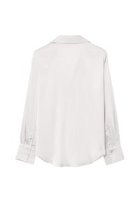 Blusa bianca a maniche lunghe con colletto classico, dettagli con bottoni sui polsini e una texture liscia e lucida. Vestibilità su misura con orlo arrotondato.