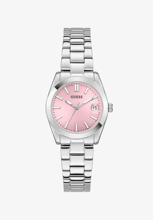 Silver metal watch with a hexagonal case, pink dial, silver hour markers, and date display. Bracelet strap features polished, rectangular links.