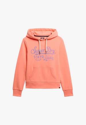 Koraal hoodie met een voorzak, capuchon met trekkoord en grafische tekstontwerp in paars. Zacht materiaal met geribde manchetten en zoom.