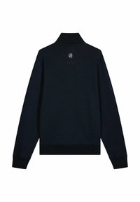 Sweat-shirt bleu marine avec un col montant, des poignets et un ourlet côtelés. Doté d'un logo au niveau du cou et du texte "XV France" au dos. Texture lisse.