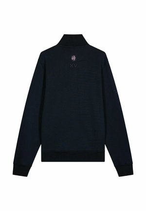Sweat-shirt bleu marine avec un col montant, des poignets et un ourlet côtelés. Doté d'un logo au niveau du cou et du texte "XV France" au dos. Texture lisse.