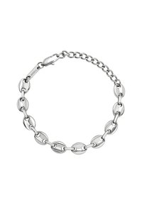 Armbanduhr aus silberfarbenem Metall mit ovalen Gliedern und einem Karabinerverschluss, versehen mit einem kleinen Anhänger, der mit "BREIL" graviert ist.