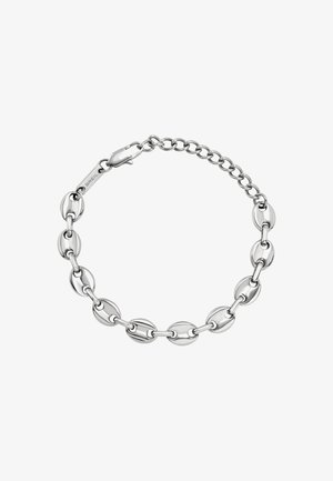 Bransoletka łańcuszkowa w srebrnym kolorze z owalnymi ogniwami i zapięciem typu homar, z małą zawieszką grawerowaną "BREIL."