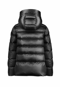 Doudoune noire avec matelassage horizontal et capuche rembourrée attachée, vue de dos sur fond blanc.