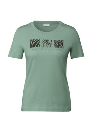 Green cotton T-shirt features a round neck, short sleeves, and a front print with striped patterns and text: "expanding horizons vivid dreams."