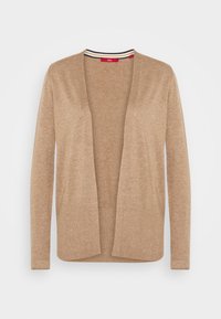 Beige neulottu neuletakki, jossa avoin etuosa, pitkät hihat ja resorireunukset hihoissa ja helmassa. Koristeena raidallinen kauluskulu.