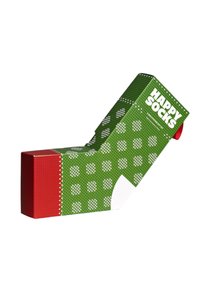 Chaussettes boxées vertes et rouges présentant un motif géométrique avec des points blancs, surface texturée et un audacieux logo "HAPPY SOCKS" sur le côté.