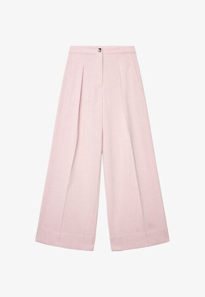 Pantaloni a gamba larga rosa chiaro con pieghe frontali, realizzati in tessuto strutturato, con chiusura a bottone argento in vita.