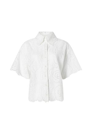 Λευκό κοντομάνικο πουκάμισο με κουμπιά, με λουλουδένιο δαντελωτό σχέδιο και κυματιστά τελειώματα στα μανίκια και στο κάτω μέρος.