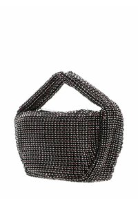 Schwarze, gewebte Handtasche mit rundlicher Struktur, strukturierter Oberfläche mit metallischen Akzenten und kurzem, verdrehtem Griff.