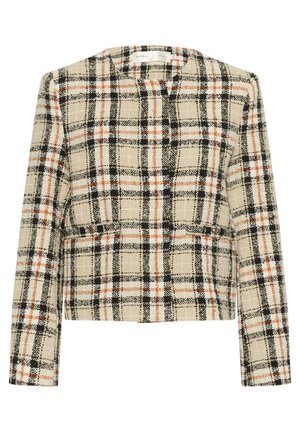 Jacket z vlněné směsi s kostkovaným vzorem v béžové barvě s černými, oranžovými a bílými motivy, bez límce a s dlouhými rukávy.