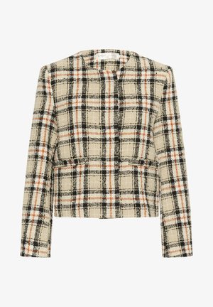 Bežinio vilnos mišinio švarkas su juodais, oranžiniais ir baltais raštais, be apykaklės, su ilgomis rankovėmis.