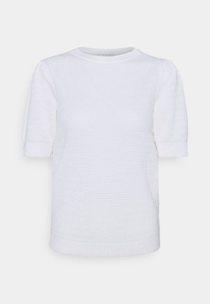 Pull en tricot blanc avec un col rond, des manches courtes bouffantes et un motif texturé. Ourlets côtelés au bas et aux manches.