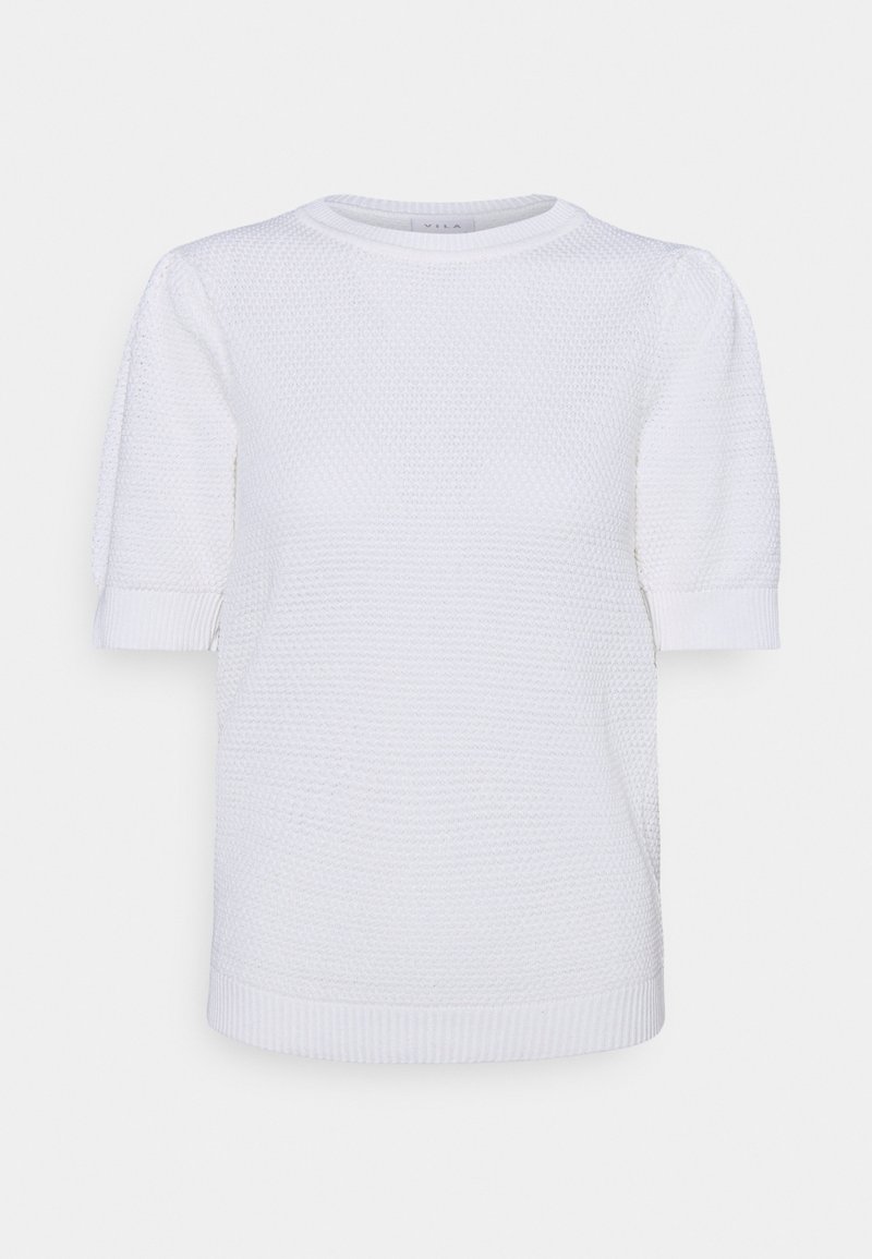Pull en tricot blanc avec un col rond, des manches courtes bouffantes et un motif texturé. Ourlets côtelés au bas et aux manches.