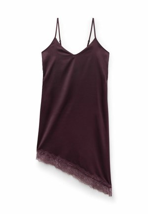 Burgundy silk cami with adjustable straps, featuring a diagonal lace hem for detail; smooth texture and fitted silhouette.