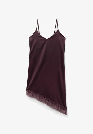 Burgundy silk cami with adjustable straps, featuring a diagonal lace hem for detail; smooth texture and fitted silhouette.