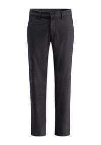Pantalons slim gris foncé avec un motif texturé subtil, passants de ceinture et fermeture à boutons et zip à l'avant.