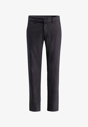 Donkergrijze slim-fit broek met een subtiel gestructureerd patroon, riemlussen en een sluiting met knoop en rits aan de voorkant.