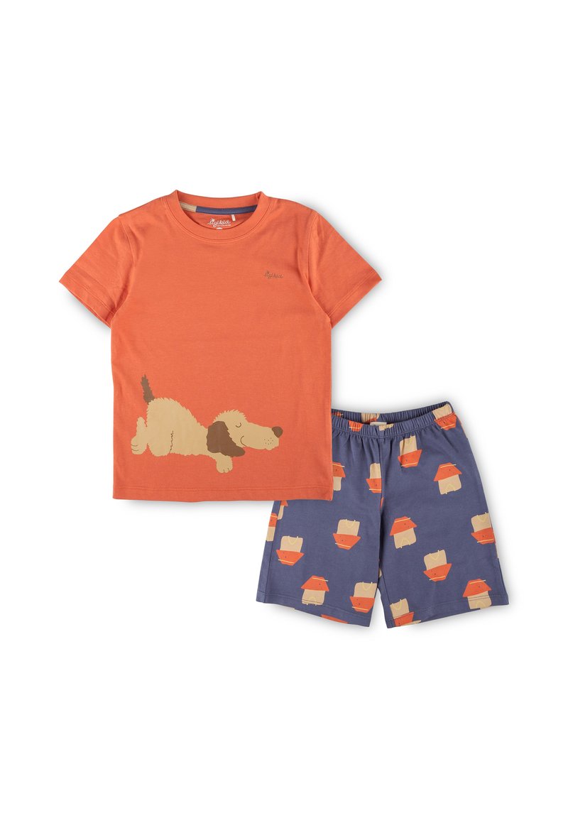Short-sleeve orange cotton t-shirt featuring a playful dog design. Paired with blue shorts, patterned with dog bowls in orange and beige.