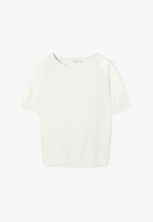 Top alb tricotat cu mâneci scurte și gât rotund, cu broderie florală subtilă pe mâneci, mărime mică, prezentat plat pe fundal alb.