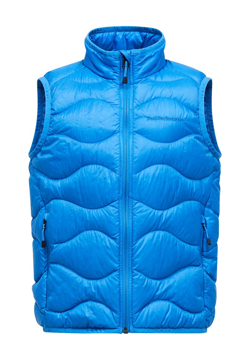 Blauwe gewatteerde puffer vest met een hoge kraag, twee zijzakken en een volledige ritssluiting aan de voorkant. De stof heeft een gladde, glanzende textuur.