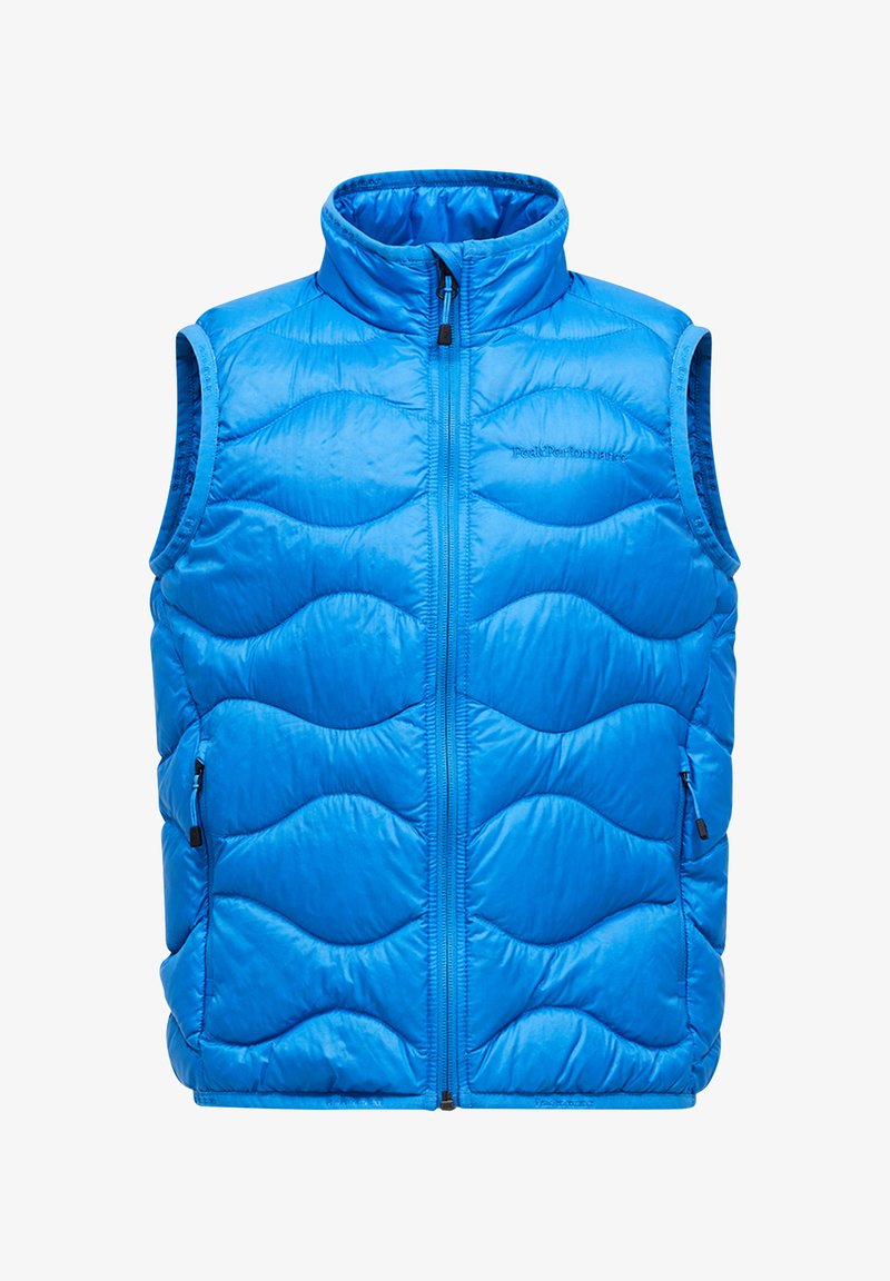 Blauer, gesteppter Puffer-Weste mit hohem Kragen, zwei Seitentaschen und einem durchgehenden Reißverschluss. Der Stoff hat eine glatte, glänzende Textur.