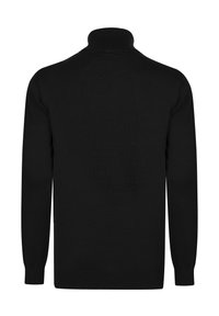 Schwarzer, gestrickter Rollkragensweater. Mit langen Ärmeln, einem gerippten Kragen und einem taillierten Design mit glatter Textur. Keine Muster oder Akzente.