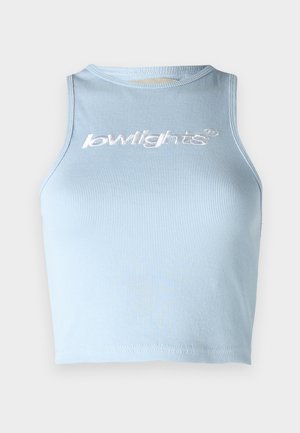 Light blue ribbed crop top with a round neckline and sleeveless design. Features white embroidered text on the front.