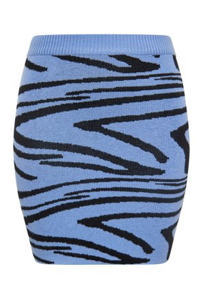 Strikket blå nederdel med et sort zebra-stribemønster. Ribbet talje; tætsiddende facon. Blød struktur med en glat finish.