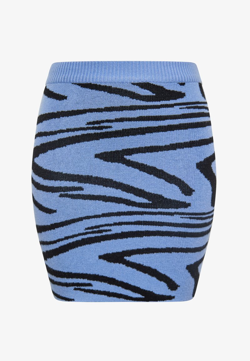 Pletená modrá sukně s černým vzorem zebry. Žebrovaný pas; přiléhavý střih. Měkká textura s hladkým povrchem.