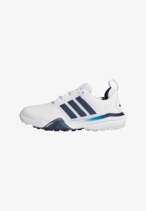 White athletic shoe with blue accents and three dark blue stripes. Features a textured sole and lightweight design for comfort.