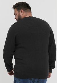 Pull en maille noire avec un col rond, des poignets et un ourlet côtelés. Le dos présente une texture lisse sans motifs visibles.