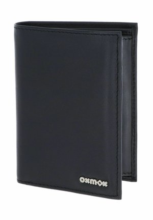 Portefeuille en cuir noir plié avec logo métallique "oxmox" en bas à droite, montrant des bords cousus et une texture lisse.